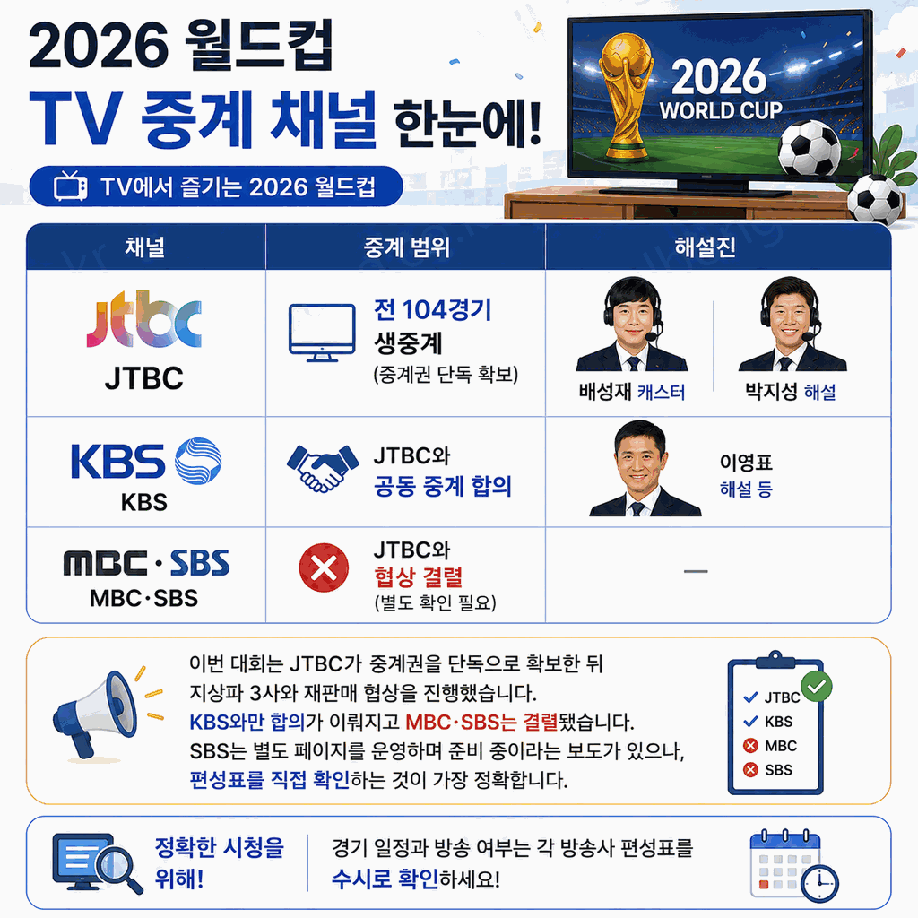  JTBC·KBS·치지직·OTT·무료 vs 유료·한국 경기 일정 총정리 Illustration 